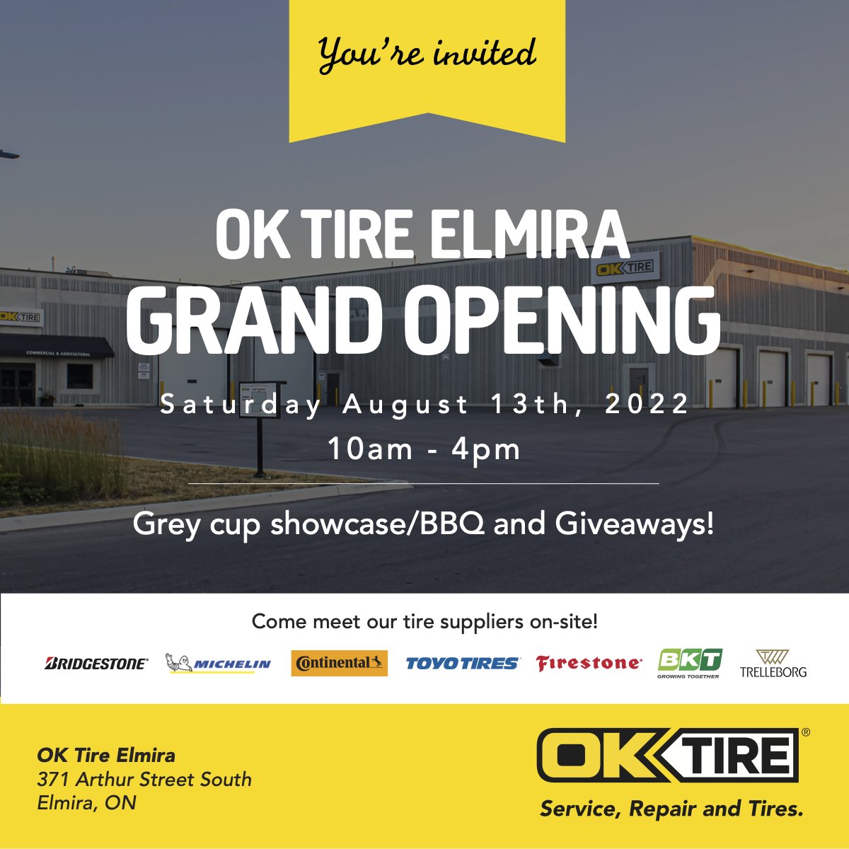 #OKTire Elmira (371 Arthur Street South) is having their official grand opening today and you're invited to join the festivities! Check out the @cfl Grey Cup on-site, as well as other exciting opportunities to win!