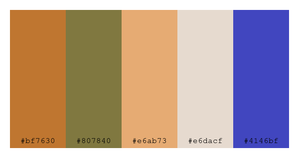 ColPaletteBot's tweet photo. Beep beep, here's a pretty color palette for you!
color-scheme.js parameters used:
- hue: 253
- variation: pastel
- colors: #bf7630, #807840, #e6ab73, #e6dacf, #4146bf
Have a lovely day!
#twitterbot #colorpalette #colors #palette #prettycolors https://t.co/Zs3jKQqI3E