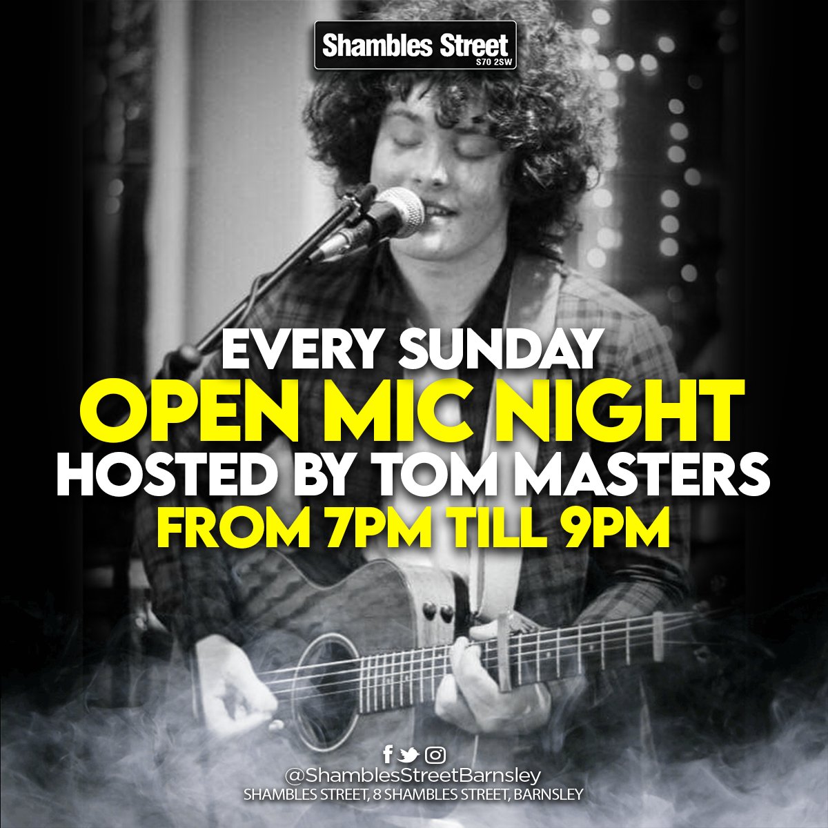 ShamblesStB's tweet photo. Join us every Sunday for an Open Mic Night, hosted by the wonderful TOM MASTERS 🤩

Sunday from 7PM till 9PM🎶

Make sure to pay a visit to witness some local talent!😁

#ShamblesStreet #barnsley #opnemicnight #music #bar #weekend #drinks #food #deal #offer https://t.co/gzur9fnpKh