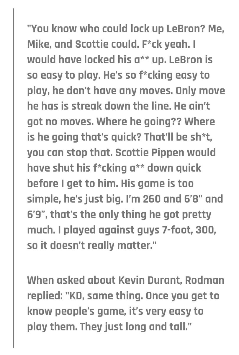 Dennis Rodman on guarding LeBron and KD: