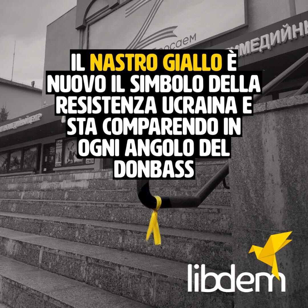Libdem19's tweet photo. La resistenza ucraina sta lasciando nastri gialli sui territori del #Donbass. Simboli di resistenza e libertà contro l’annessione e il referendum fraudolento che la #Russia vuole organizzare. @yellowribbonUA you have to resist!

#staywithukraine #slavaukraini #putinwarcriminal https://t.co/lDPsPbDHOT