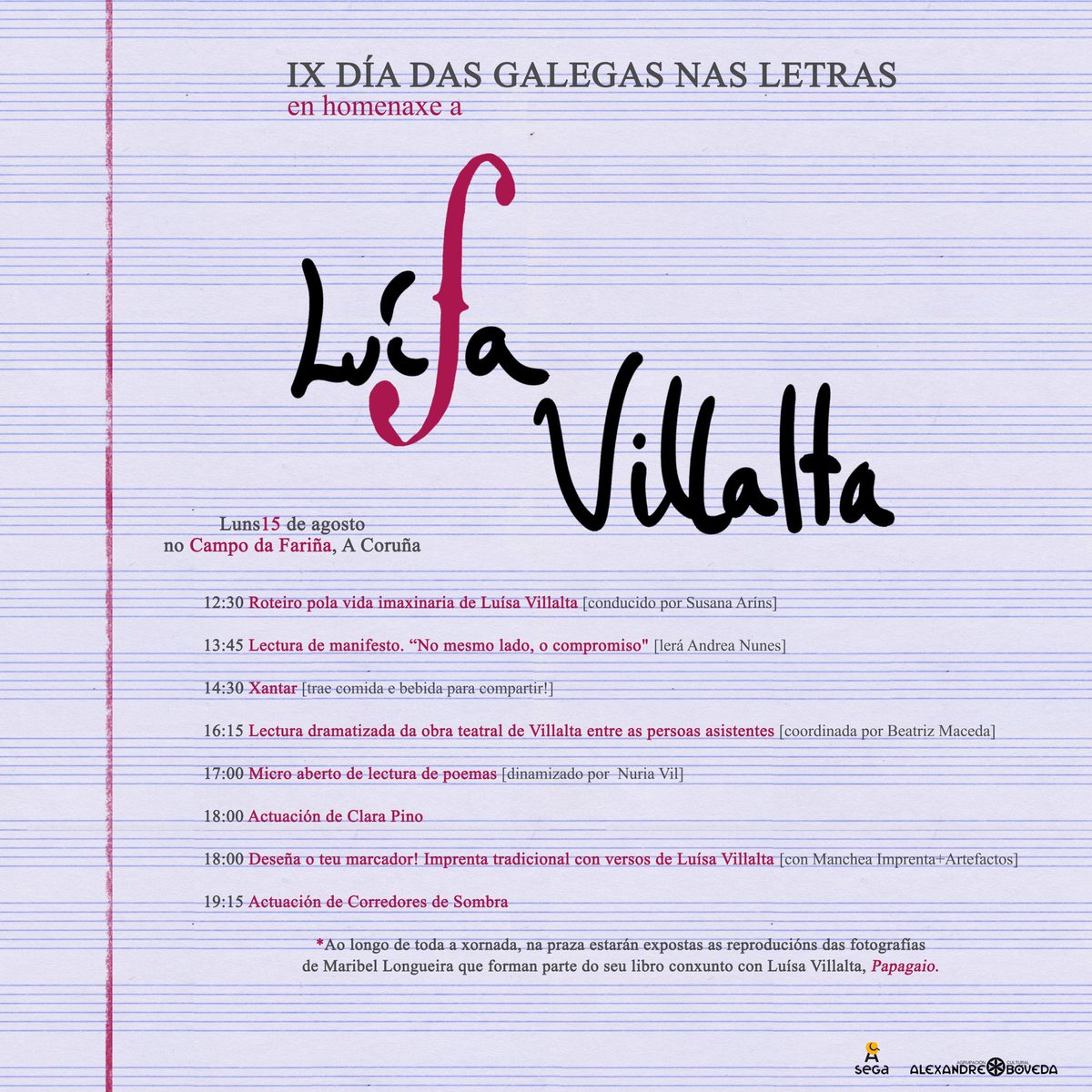 aSega_critica's tweet photo. Aquí a programación para o IX #DíadasGalegasnasLetras, adicado á escritora, música e activista #LuísaVillalta.lg https://t.co/AoIMEycg1b
