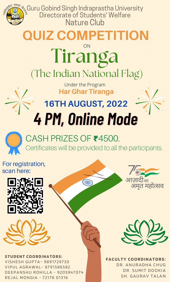 GGSIPUIndia's tweet image. #HarGharTiranga #AzadiKaAmritMahotsav #IndependenceDay2022 #QuizCompetition #GGSIPU #NatureClub #DSW #Dwarka #Delhi