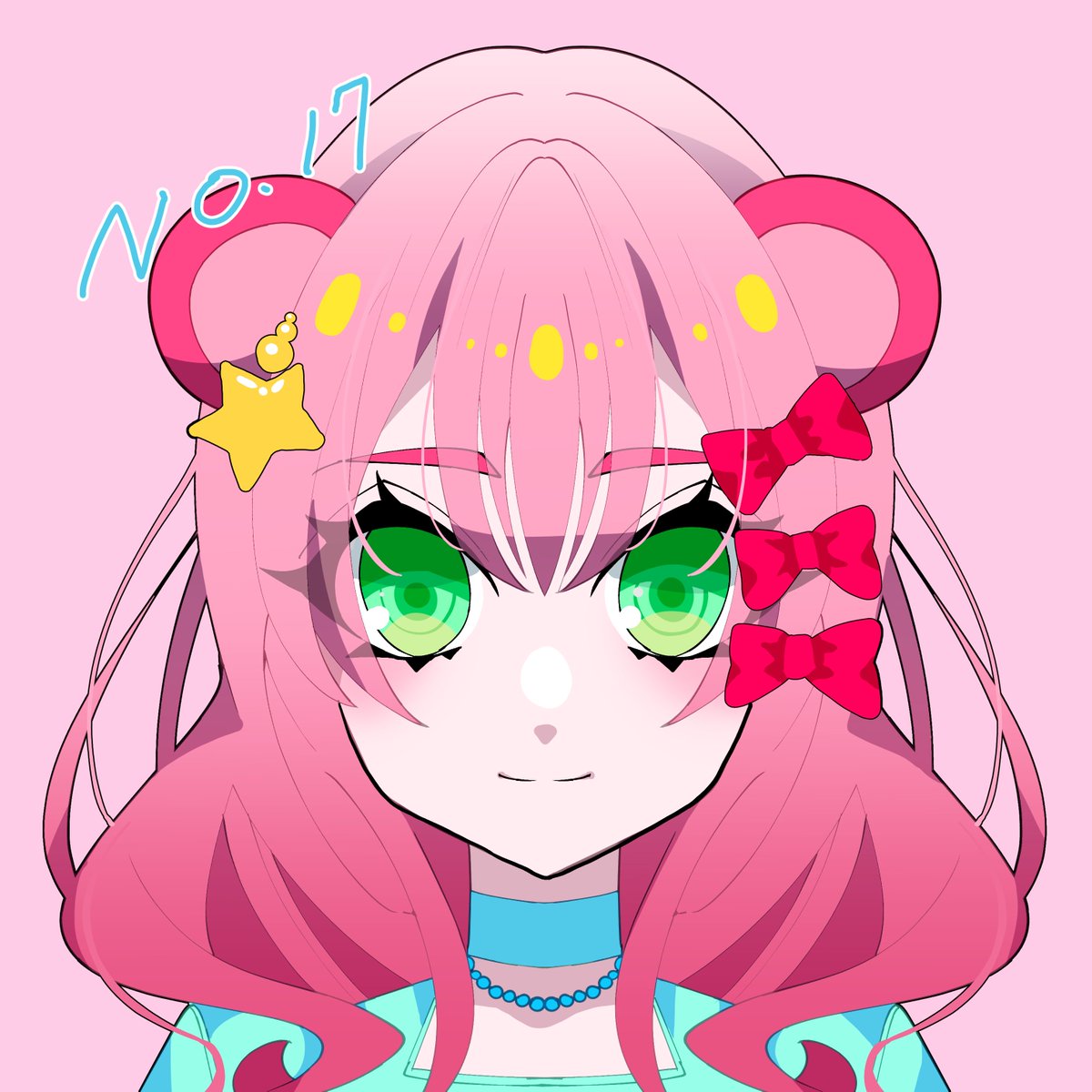 1girl solo pink hair green eyes animal ears star hair ornament smile  illustration images