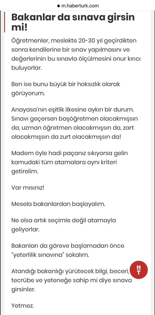 Gazeteci Fatih Altaylı:

Sınavı geçersen başöğretmen olacakmışsın da, uzman öğretmen olacakmışsın da, zart olacakmışsın da zurt olacakmışsın da!

Madem öyle hadi paçanız sıkıyorsa gelin kamudaki tüm atamalara aynı kriteri getirelim.

Var mısınız!
Mesela bakanlardan başlayalım.