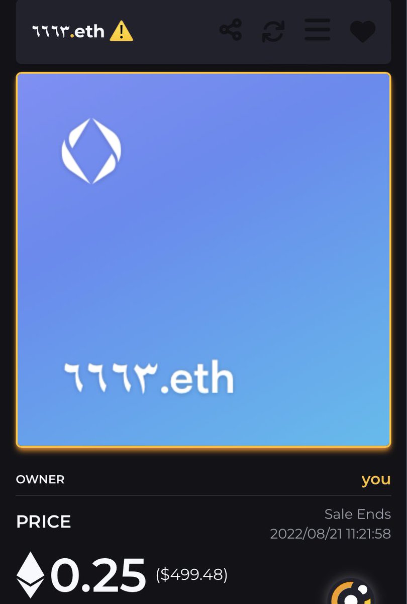 1231Eth's tweet photo. Domain For Sale🔥
٦٦٦٣.eth ≈ 0.25E
١٧١٨.eth ≈ 0.054E
٠١٥١.eth ≈ 0.054E
٣٥٢٥.eth ≈ 0.024E
٢٣٩٢.eth ≈ 0.027E
٢٣٧٢.eth ≈ 0.03E
#Domains #domain #domainforsale #domainsforsale #ensdomains #DomainNameForSale #arabspunks #10kclub @ensvision @Arabic10kClub
https://t.co/MHbH87XMQQ https://t.co/M3CEM7ACfc