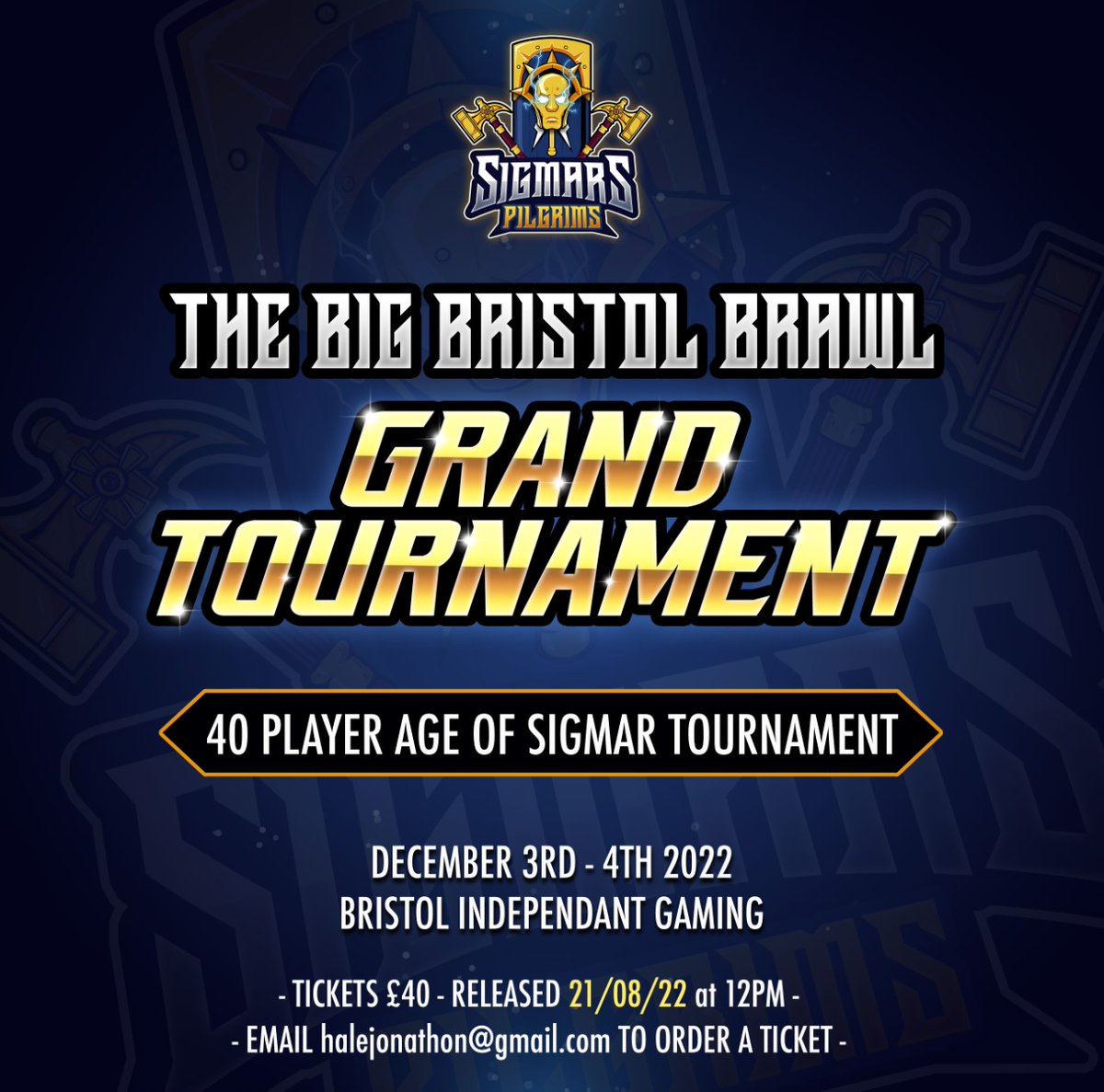 HOT off the heels of yesterdays successful one dayer - we're excited to announce that our GT is going LIVE!

40 Player AoS 2k event
December 3rd &amp; 4th 2022, Bristol Independent Gaming.
Tickets go on Sale next Sunday @ 12pm.

#Warhammer #ageofsigmar