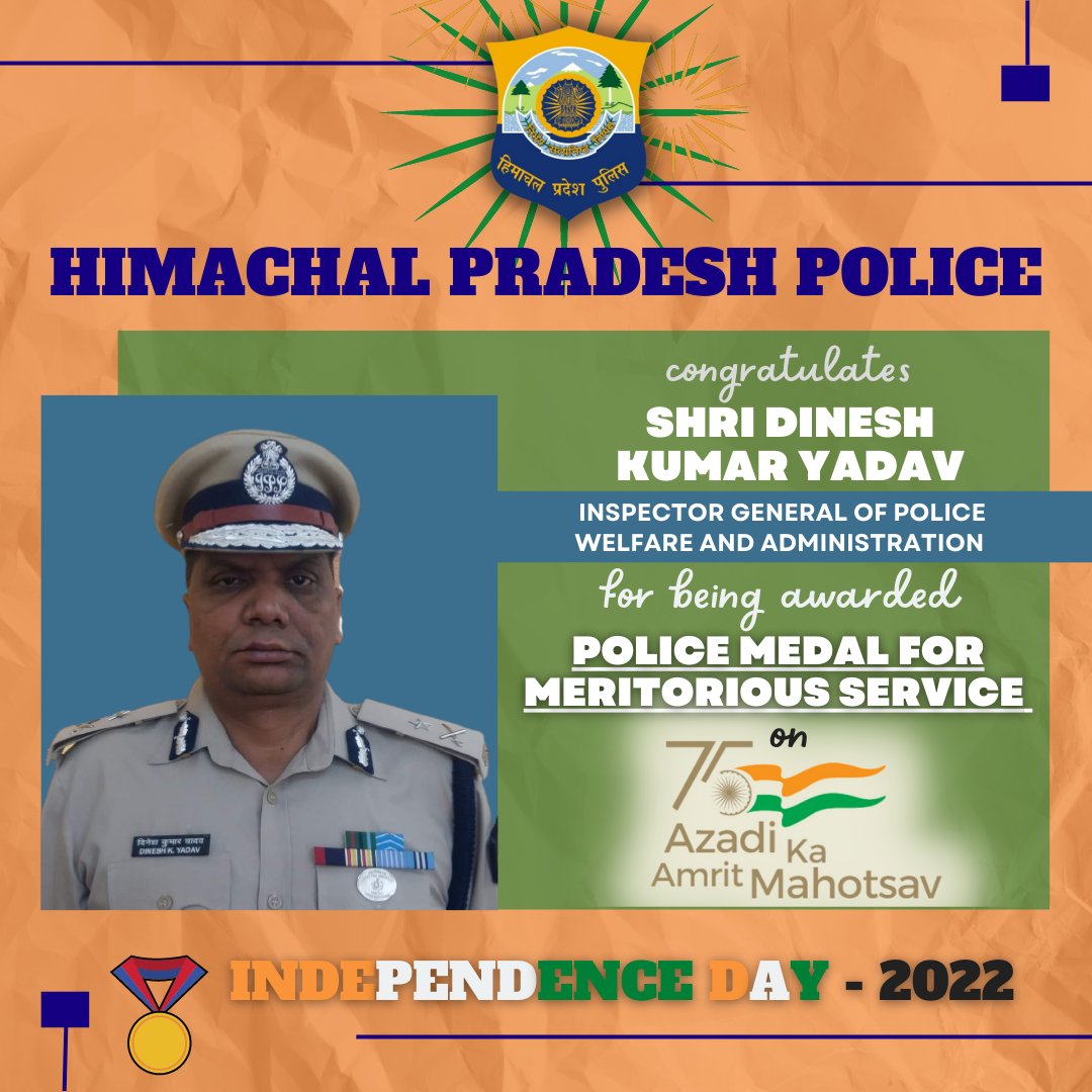 himachalpolice's tweet image. #PoliceMedal #AmritMahotsav #MeritoriousService #ShDineshYadav #IGP #HPPolice