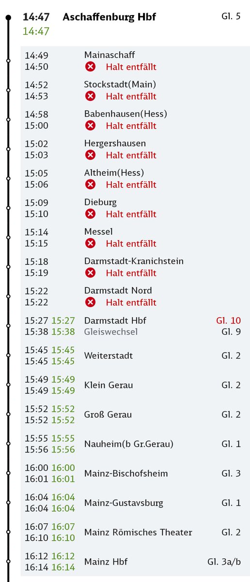 jul3s's tweet photo. @DB_Bahn
Liebes DB-Team, nachdem ich auf der Strecke schon häufiger die Erfahrung gemacht habe, dass der Halt in Aschaffenburg auch schon ausgefallen ist - Stimmt die Info, dass "nur" die Zwischenhalte ausfallen, die Verbindung aber ab AAburg verkehrt? LG https://t.co/XVMCrPX7g6