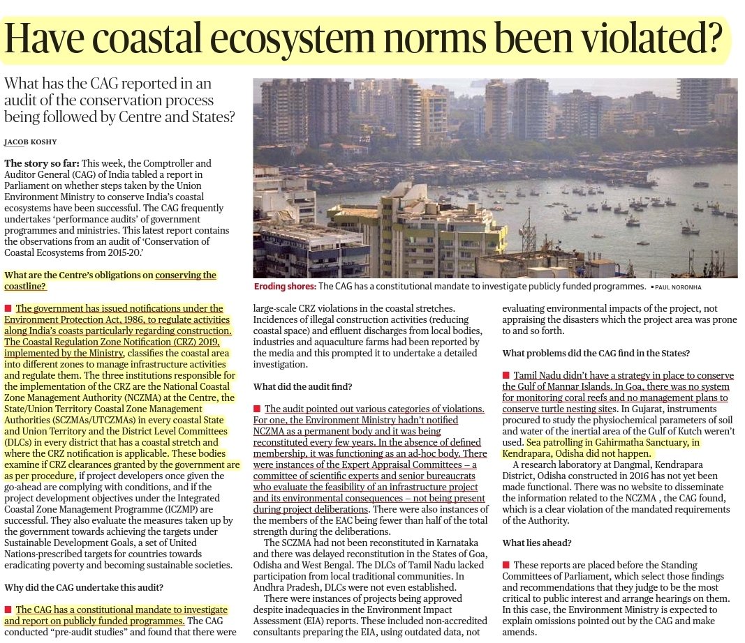 Have coastal ecosystem norms been violated?

Source: The Hindu 

GS Paper 3:
Topics Covered: Conservation and pollution related issues.

#UPSC #coastalecosystem
#UPSCExtraAttempt