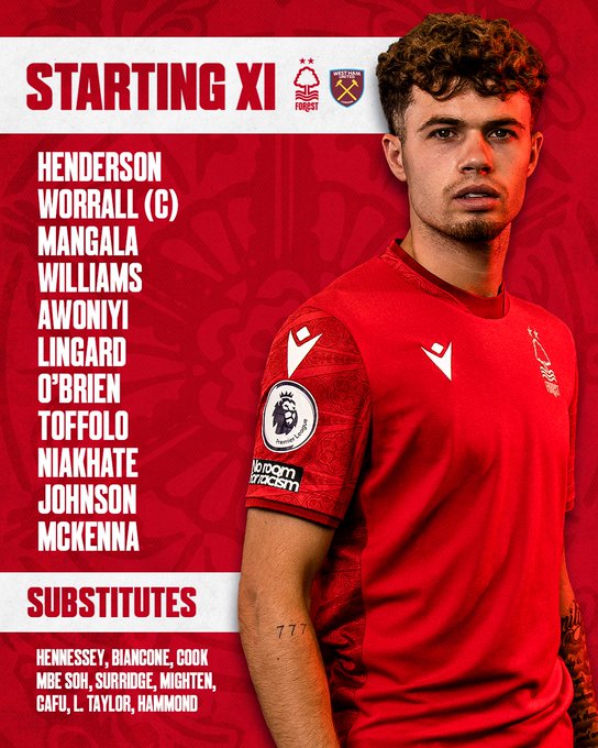 Starting XI vs West Ham: Henderson, Worrall (C), Mangala, Williams, Awoniyi, Lingard, O'Brien, Toffolo, Niakhaté, Johnson, McKenna.