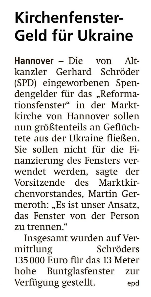 ThomasHaussmann's tweet photo. Gerhard Schröder hat Spenden für eine unzweifelhaft gute Sache eingeworben. Nun, da er kein Guter mehr ist, ist auch die Sache nicht mehr gut. Kontaktschuld. Dumm gelaufen für das Fenster. Und für die Spender übrigens auch. https://t.co/qHyiLQshAq