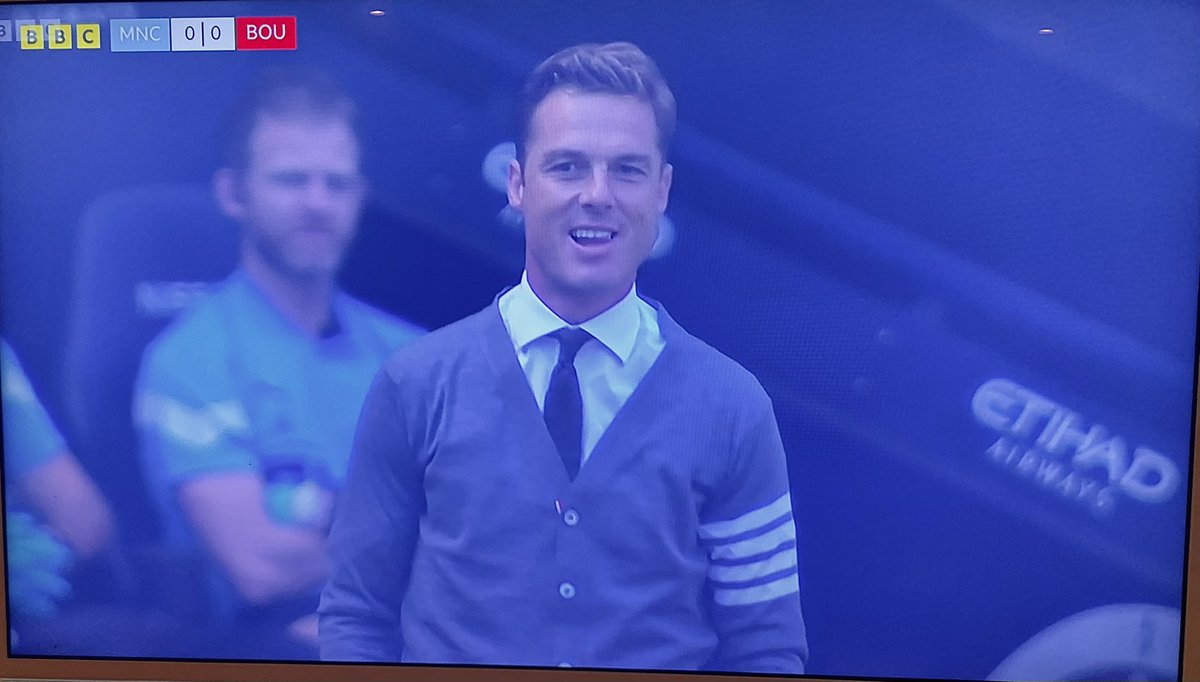 Divine_Miss_Em's tweet image. One day anniversary of Scott Parker wearing a £950 Thom Browne cardigan during an amber heat warning