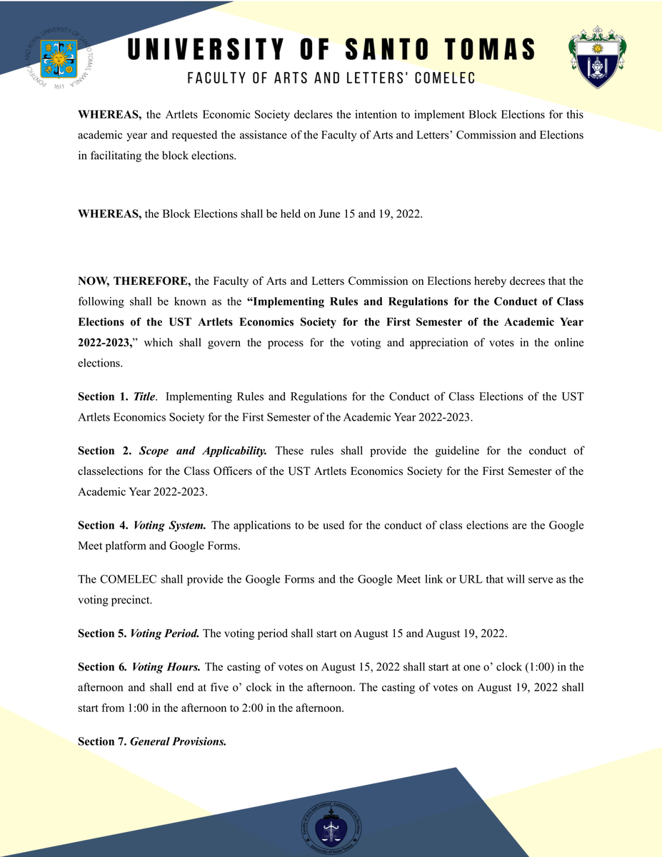 ABCOMELEC's tweet photo. IMPLEMENTING RULES AND REGULATIONS NO. 1
SERIES OF 2022-2023

IMPLEMENTING RULES AND REGULATIONS FOR THE CONDUCT OF CLASS ELECTIONS OF THE UST ARTLETS ECONOMIC SOCIETY FOR THE FIRST SEMESTER OF ACADEMIC YEAR 2022-2023 https://t.co/s2qh0TJuZy