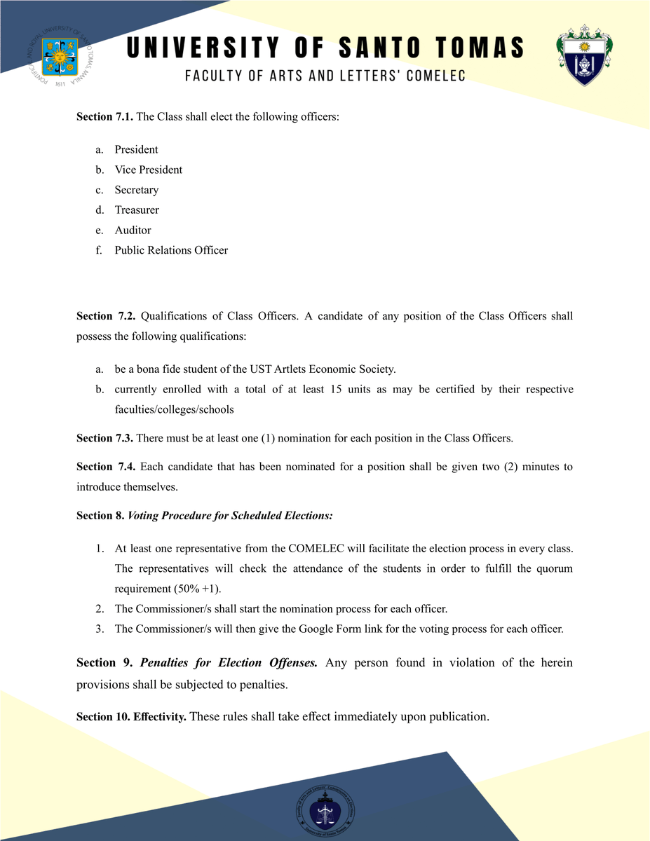 ABCOMELEC's tweet photo. IMPLEMENTING RULES AND REGULATIONS NO. 1
SERIES OF 2022-2023

IMPLEMENTING RULES AND REGULATIONS FOR THE CONDUCT OF CLASS ELECTIONS OF THE UST ARTLETS ECONOMIC SOCIETY FOR THE FIRST SEMESTER OF ACADEMIC YEAR 2022-2023 https://t.co/s2qh0TJuZy