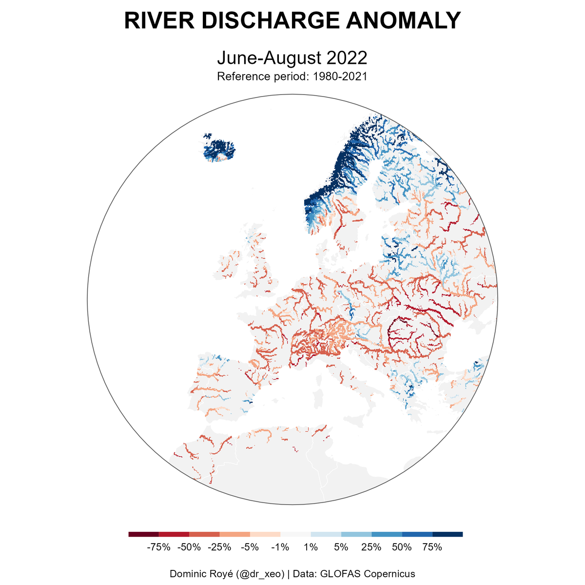 A single map for the worst #drought in 500 years in Europe. The river discharge anomaly based on reanalysis data from June to August 12 2022, shows an average negative anomaly of -29%, even reaching less than -62% at some points. #rstats #dataviz