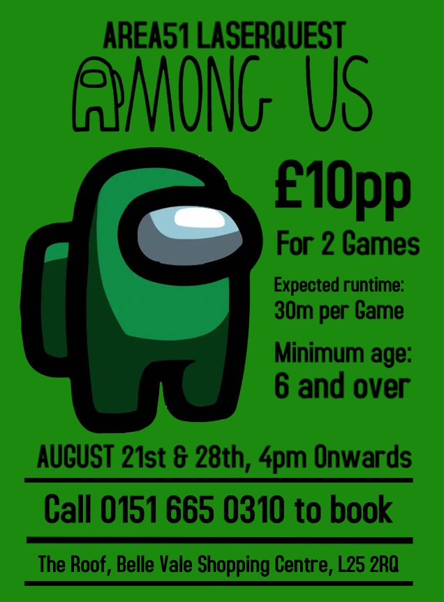 𝐀𝐌𝐎𝐍𝐆 𝐔𝐒 𝐓𝐇𝐄𝐌𝐄𝐃 𝐆𝐀𝐌𝐄𝐒
On the 𝟮𝟭𝘀𝘁 and 𝟮𝟴𝘁𝗵 of 𝗔𝘂𝗴𝘂𝘀𝘁, 𝟰𝗽𝗺 𝗼𝗻𝘄𝗮𝗿𝗱𝘀
For just £𝟭𝟬𝗽𝗽 you can enjoy 𝘅𝟮 𝟯𝟬𝗺𝗶𝗻𝘂𝘁𝗲 games of our among us inspired game.
Call us on 𝟬𝟭𝟱𝟭 𝟲𝟲𝟱 𝟬𝟯𝟭𝟬 to reserve your group