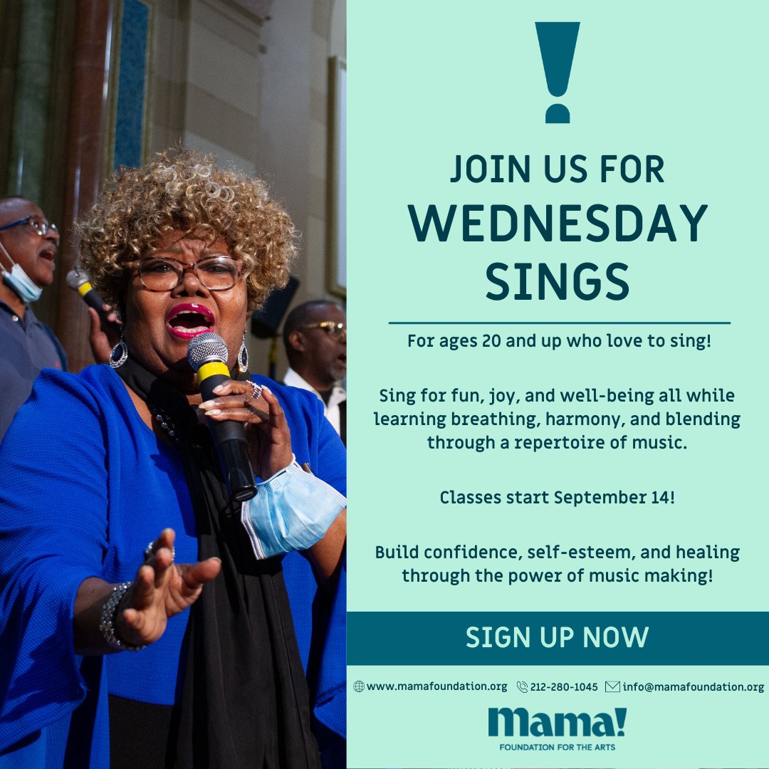 Our Wednesday Sings program is designed for adults from ALL walks of life to join the Mama Family and make a joyful noise together!

If you're looking for FREE adult music classes, this is the program for you! Sign up today at mamafoundation.org/enroll.