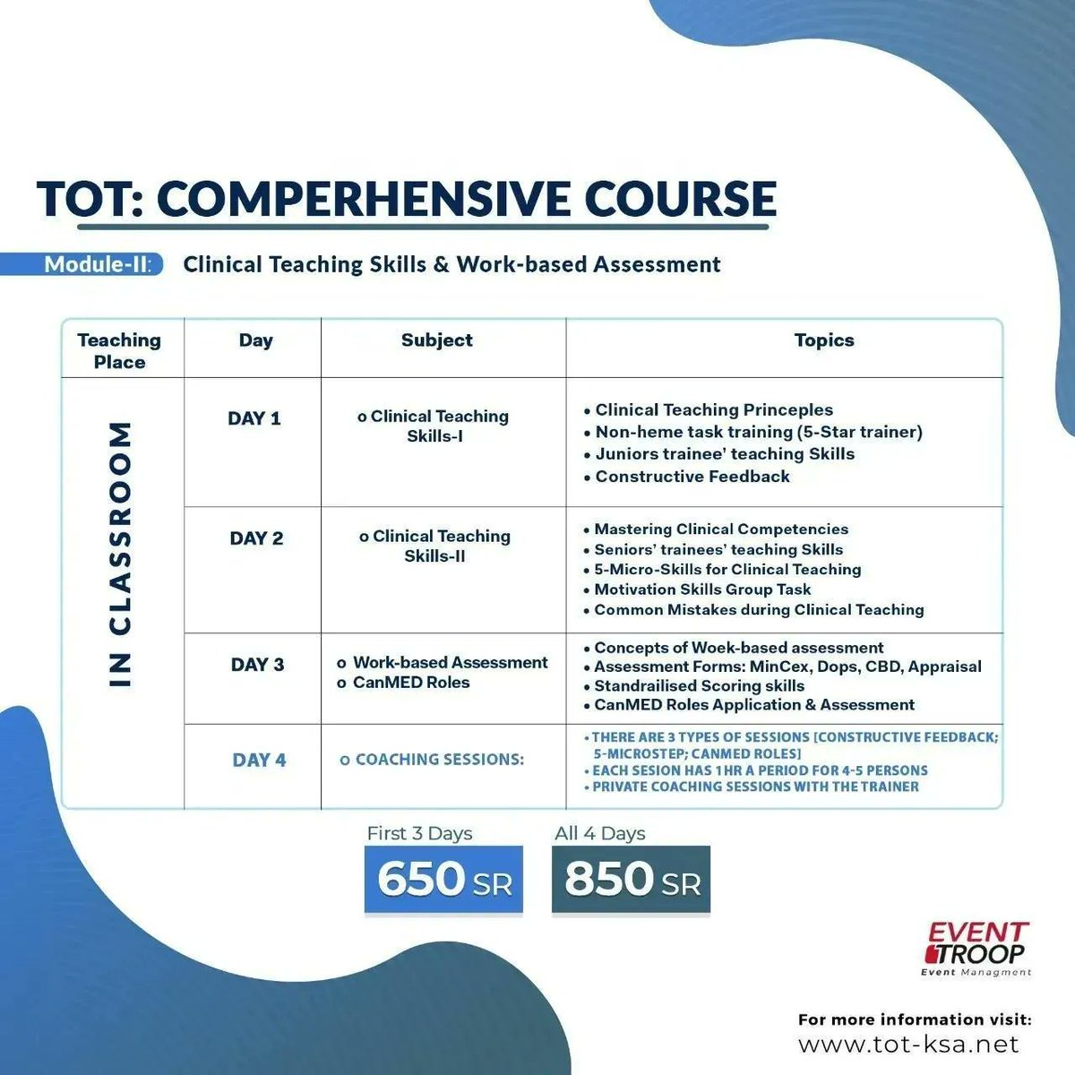 EventTroop's tweet photo. o #Clinical Teaching
o Work-Based Assessment
o #CanMED Roles
o #Coaching Sessions
All & More in #TOT : Comprehensive Course
Trainer:
Dr. Abdullah Al-Khathami @DrKhathami
💻Online Course
🗓 26-29 Sep 🎓CME
Registration: https://t.co/D4MM8KwaQf
Organized By #EventTroop https://t.co/yza4ai0xk0