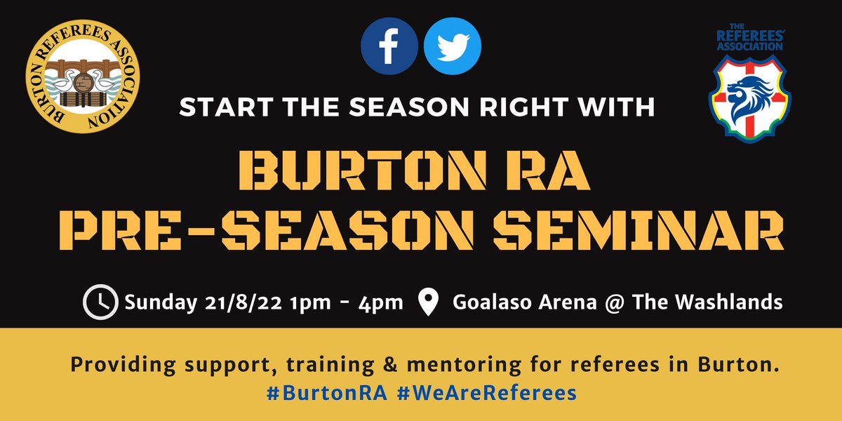 BurtonReferees's tweet photo. Don't forget to secure your place for this weeks Pre Season Seminar!β½οΈ
Book now - https://t.co/tKLaxOKbP8
π
Sunday 21st August
π 1pm - 4pm
πThe Goalaso Arena, Washlands
#BurtonRA #DevelopingReferees
#PreSeasonSeminar22 https://t.co/iR9A4rY0Qj