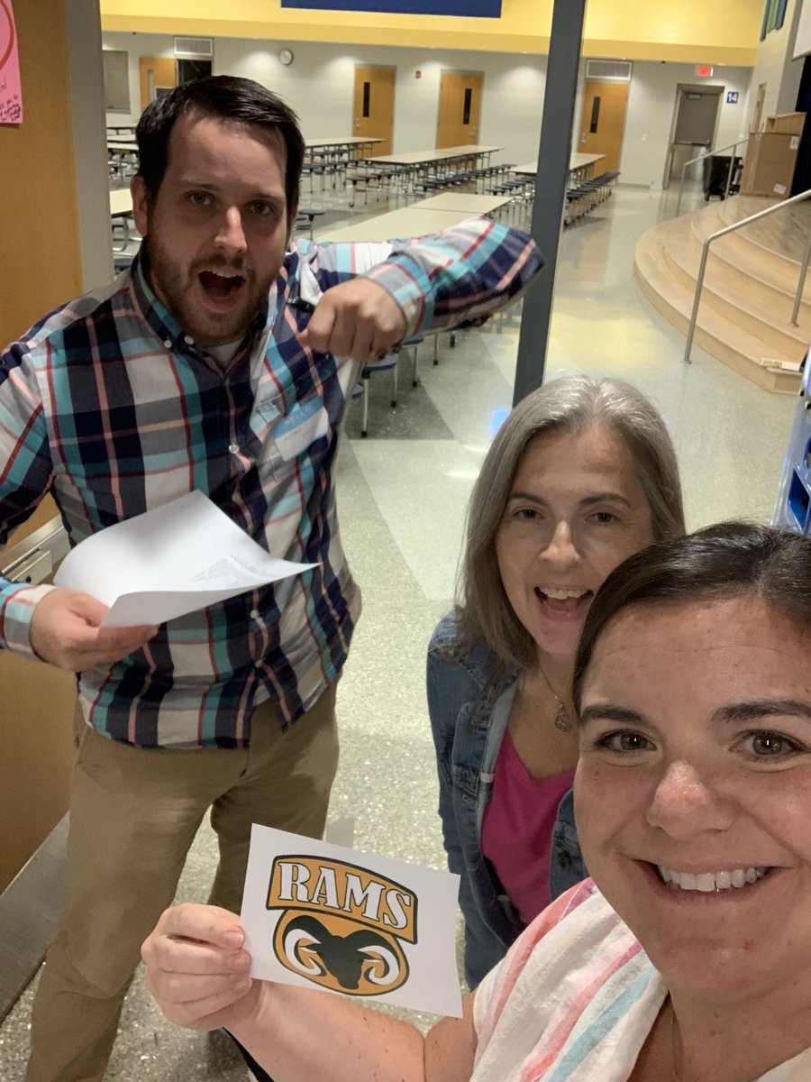 KatyLange's tweet photo. New teacher work week was a success! So happy to be with #oneccps and the @ReamsRams πππ Here is team 2 on our Twitter Hunt to explore our new β¨beautifulβ¨ building! #ramsstrong https://t.co/kk0P9mVeLQ