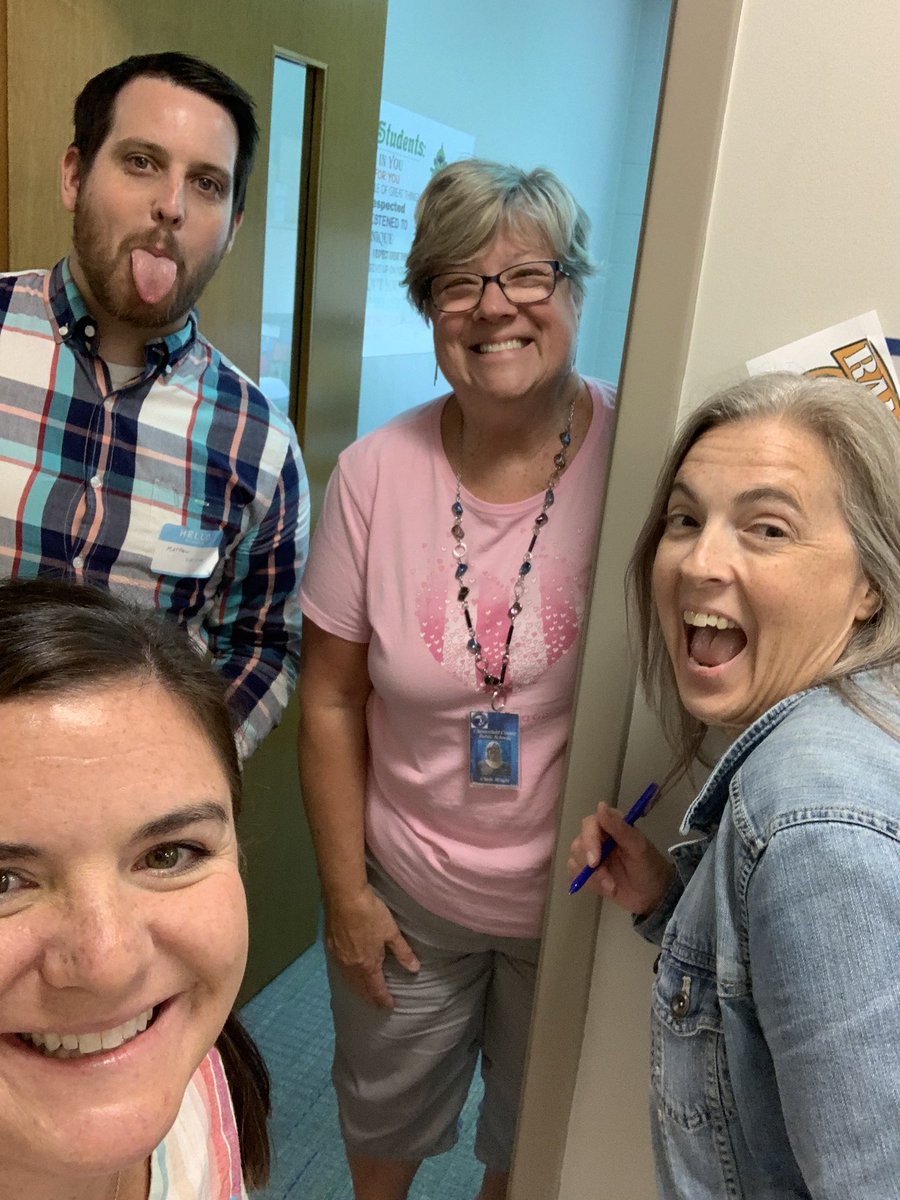 KatyLange's tweet photo. New teacher work week was a success! So happy to be with #oneccps and the @ReamsRams πππ Here is team 2 on our Twitter Hunt to explore our new β¨beautifulβ¨ building! #ramsstrong https://t.co/kk0P9mVeLQ