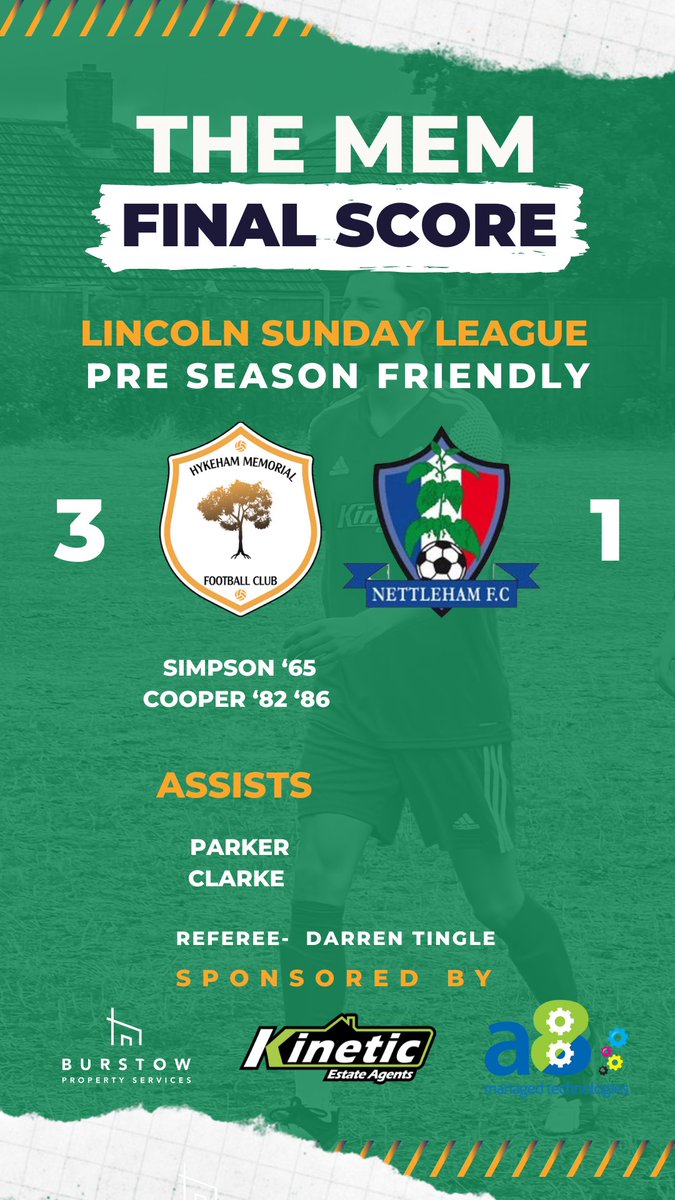 Todays game finishes in a win for the Mem with goals coming from returning Turkish international <a href="/Joe_Simpson91/">Joe Simpson</a> and two from the skipper <a href="/S_Coop1990/">Sean Cooper</a> Thanks to @NettlehamFC7 and good luck for your season! Someone pass us the fans 🥵 🔥 #UTM