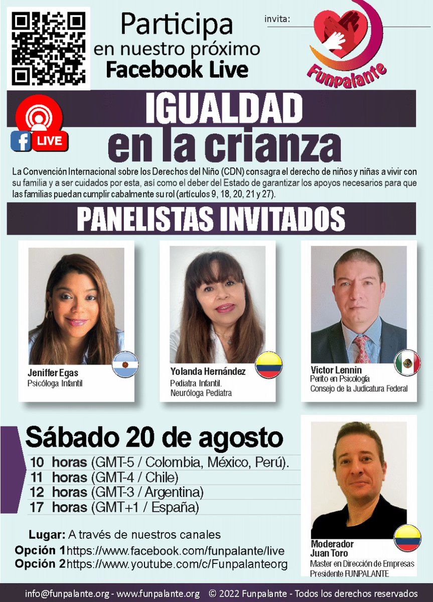 Invitamos a nuestro próximo evento LIVE llamado IGUALDAD EN LA CRIANZA
sábado 20 de agosto de 2022.
10 horas (GMT-5 / COLOMBIA, MEXICO, PERU)
11 horas (GMT-4 / CHILE)
12 horas (GMT-3 / ARGENTINA)
17 horas (GMT+1 / ESPAÑA)
facebook.com/funpalante/live