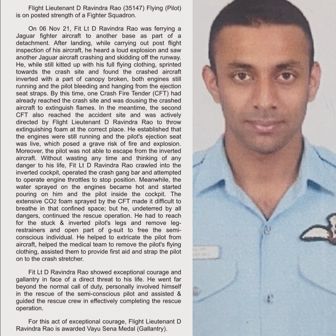 ShivAroor's tweet photo. 😱😱😱
🙌🏽🙌🏽🙌🏽

Take a moment to read about why @IAF_MCC Flt Lt Rao gets a Vayu Sena Medal for gallantry tomorrow. https://t.co/7A5p8FMRkr
