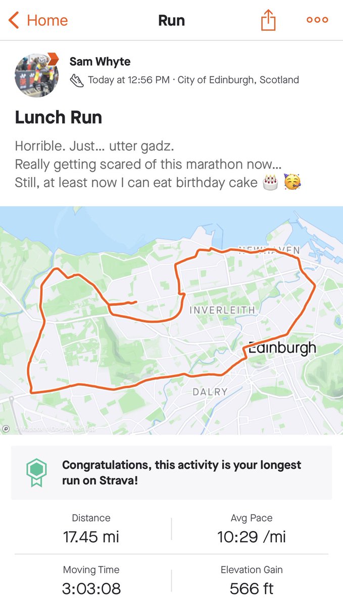Today with training I ran my longest ever run. It was agony. My Crohns stops me from being able to fuel properly (before or during) so I was vomiting and near fainting this afternoon. This is a proper physical challenge for me so please donate or RT for the cause if you can 😇🤞🏻