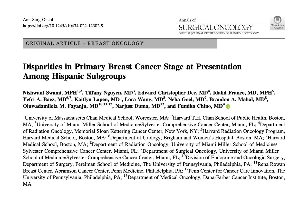 📝 In @AnnSurgOncol led by @NishwantS, we show #disparities in #BreastCancer stage at presentation upon #disaggregation of Hispanic groups 👏 #Cancer #research must account for heterogeneity in pts' #healthcare barriers 🙏 @fumikochino @NarjustFlorezMD rdcu.be/cTzmp