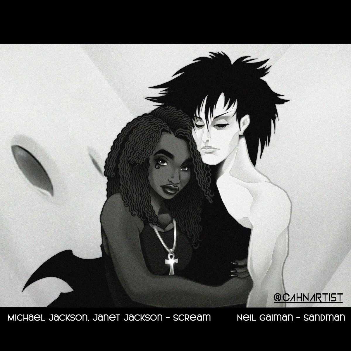Cahnartist's tweet photo. Inspired by @neilhimself #Sandman Absolutely loved @kirbyhowellbaptiste playing #Death So I wanted to do a #mashup of #michaeljackson and @janetjackson iconic music video #Scream 🎨 #Cahnartist #Sandman ##netflix #neilgaiman #janetjackson #neilgaimansandman #mjscream #Artist4Hire https://t.co/omHQQwkCWi