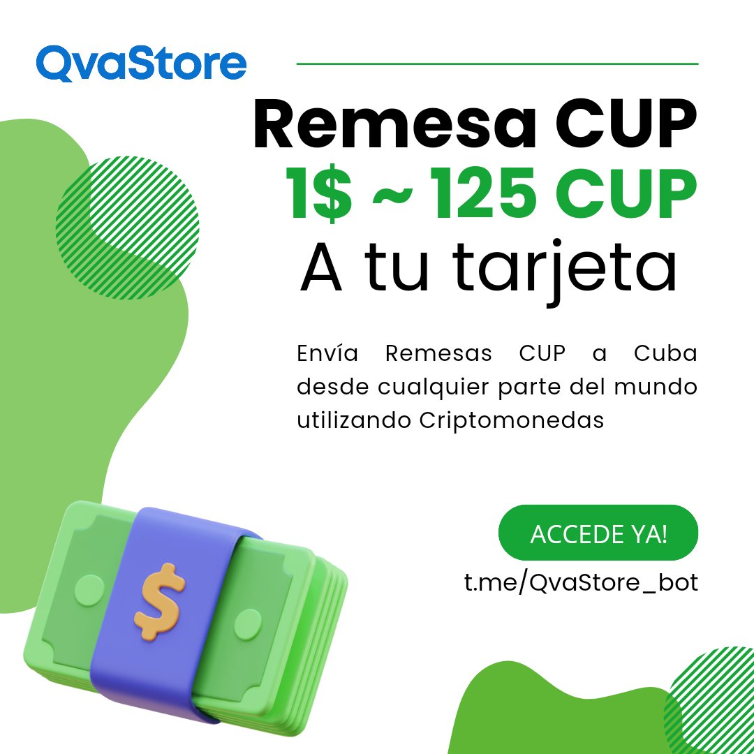 QvaStores's tweet photo. ✅ NUEVA TASA DE CAMBIO CUP ✅

💳 1$ ~ 125 CUP
💳 Envías 100$, recibes 12500 CUP

💸 Solicita en https://t.co/PDxVaAm6F7 o https://t.co/Y9xqRjPmwt #Bitcoin 💸 https://t.co/19cy1S25du