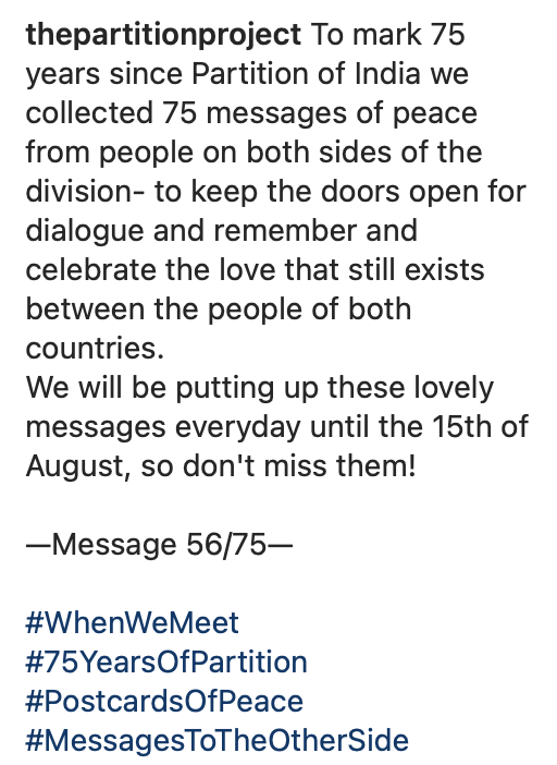 sadacmtl's tweet photo. Check out the Partition Project!
"Collecting messages of Peace from people on both sides of the border in the hope of creating a bank- a repository of love between India and Pakistan"
https://t.co/gvladAbSt1

#75YearsOfPartition
#IndiaAt75 #PakistanAt75 #IndependenceFrBritishRule https://t.co/VnbG2zTbbE