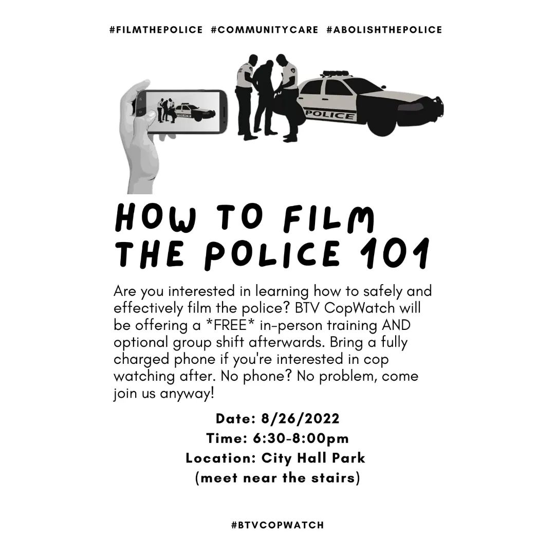 We're doing an in-person training on Friday, August 26 from 6:30 to 8:00 PM in City Hall Park! Afterwards, we'll be doing an (optional) group cop watching shift.

Training is open to everyone (except cops). Bring a fully-charged phone if you plan to stay for the group shift.