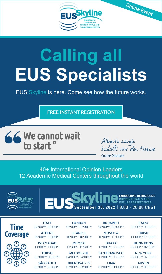 Calling all EUS Specialists. 46 days to go!
EUS Skyline is here. Come see how the future works.
Free Registration: eus-skyline.com/instantfreereg…
#GITwitter  #ultrasound #endoscopy #endoscopiadigestiva #endoscopia #eventsts #Endosonography #ultrasoundtech