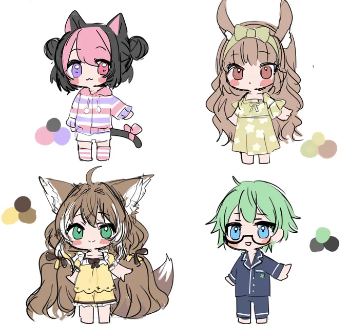 commissionThank you  ୨୧┈┈┈┈┈┈┈┈┈┈┈୨୧     ୨୧┈┈┈┈┈┈┈┈┈┈┈୨୧4人も描くの初めてだったけどみんなに似合うパジャマを考えるのがめちゃくちゃ楽しかったです!超かわいいリクエストありがとうございました 