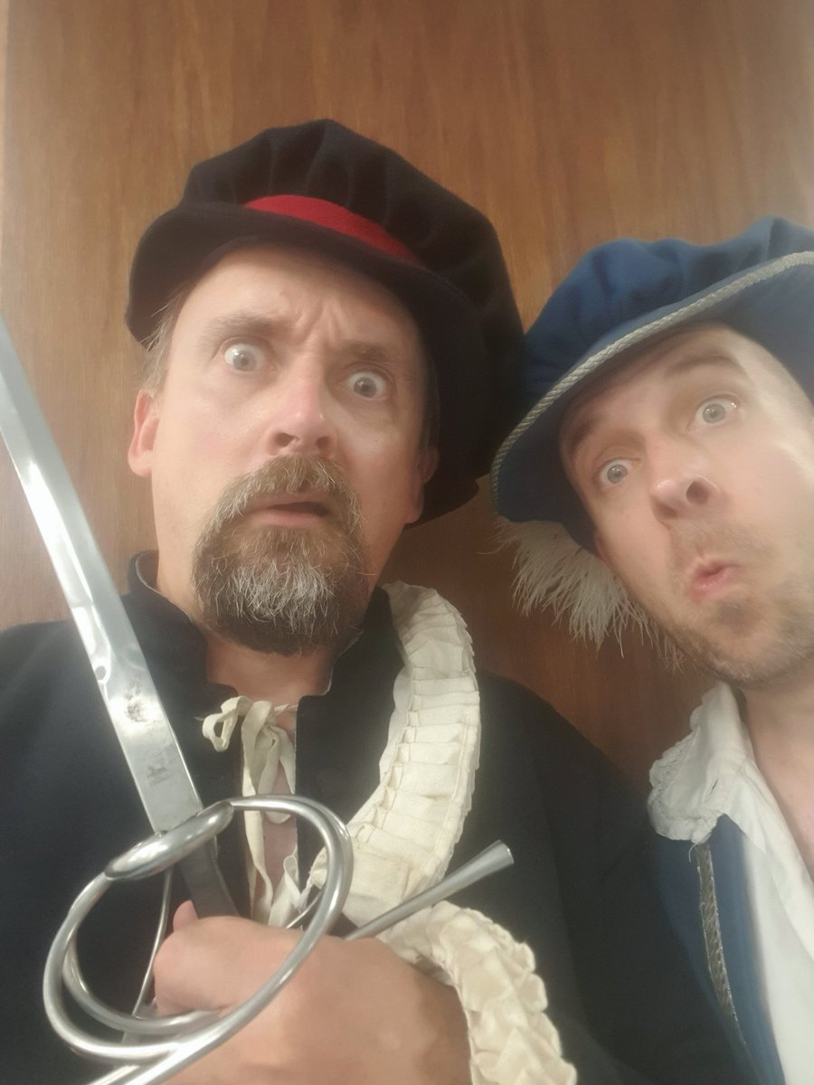 RobertJTemple's tweet photo. Two toasty thespians from @allthehistory after premiering our new show, "Brawl Ridiculous" at the #royalarmouriesmuseum #theatre #history #histrionics #stagecombat #summer #stagefighting #elizabethan #Shakespeare https://t.co/p311e94QsF