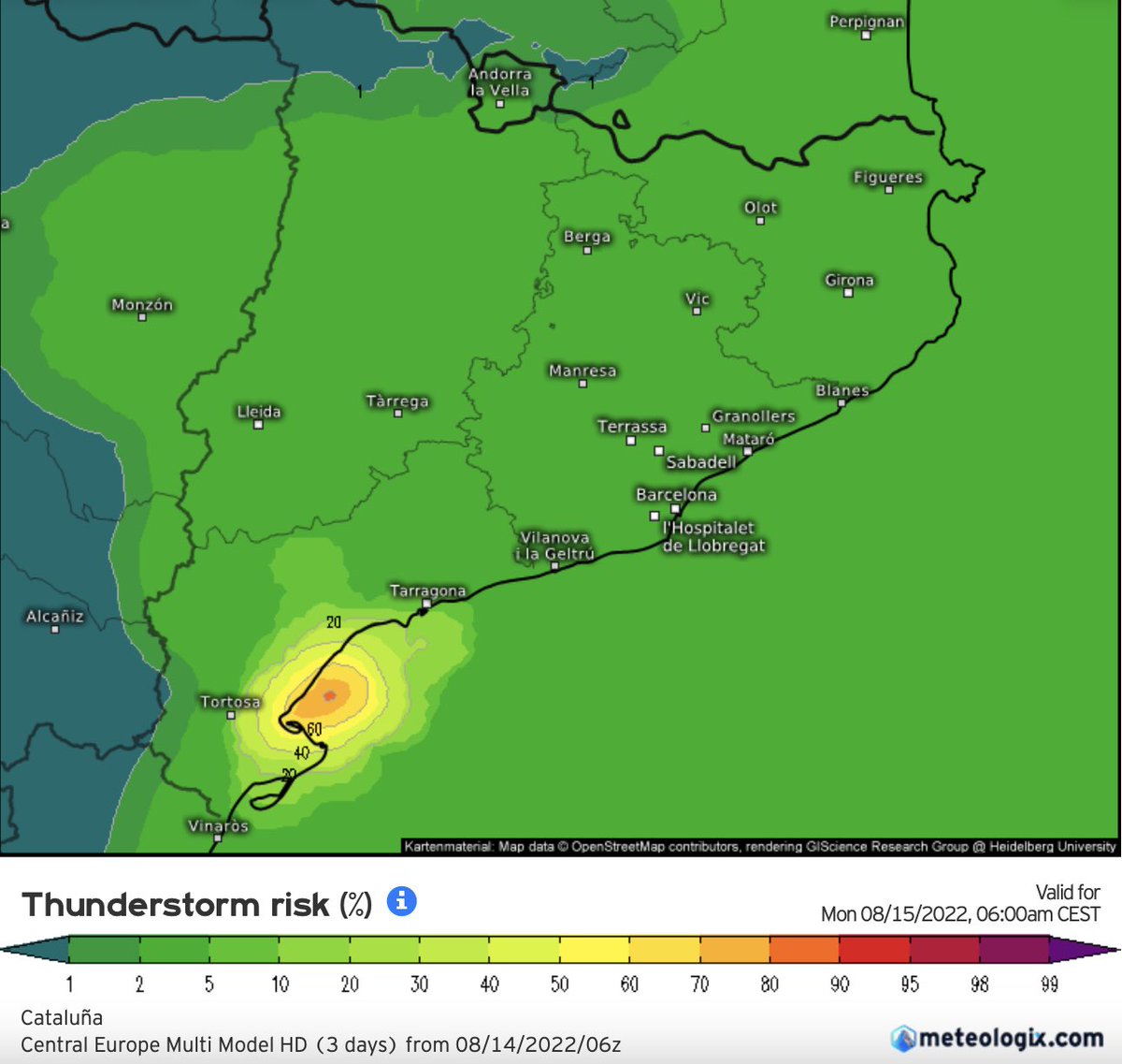 P4Estacions's tweet photo. Atenció demà a primera hora les persones que estigueu a la costa daurada de Tarragona cap avall, el model de probabilitat conjunta indica que hi ha una mitjana/elevada probabilitat de què hi hagi tempestes ⛈ locals intenses 🚨

Podrien desencadenar amb inundacions locals ⚠️ https://t.co/qsCUR9CoGg