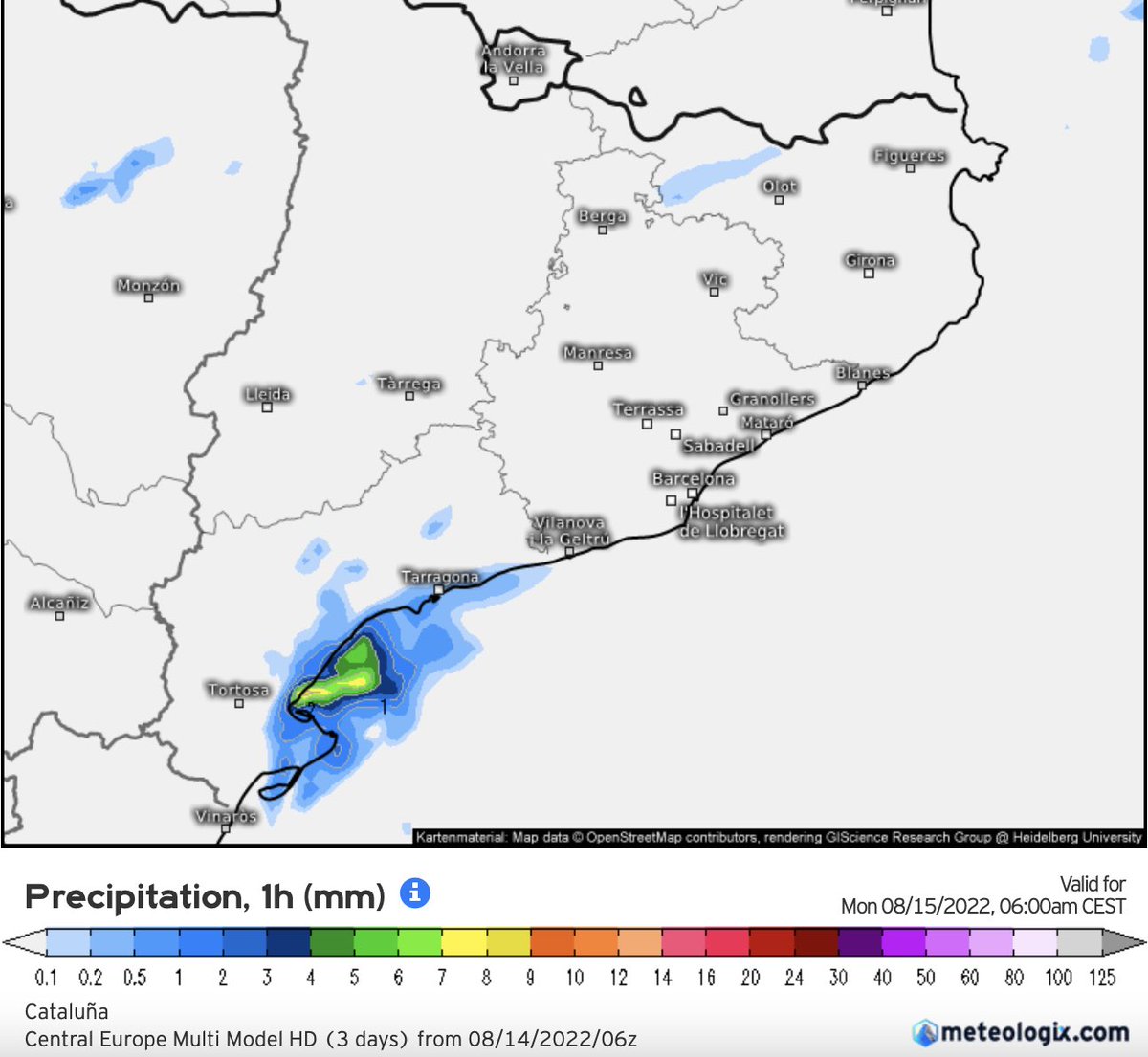P4Estacions's tweet photo. Atenció demà a primera hora les persones que estigueu a la costa daurada de Tarragona cap avall, el model de probabilitat conjunta indica que hi ha una mitjana/elevada probabilitat de què hi hagi tempestes ⛈ locals intenses 🚨

Podrien desencadenar amb inundacions locals ⚠️ https://t.co/qsCUR9CoGg