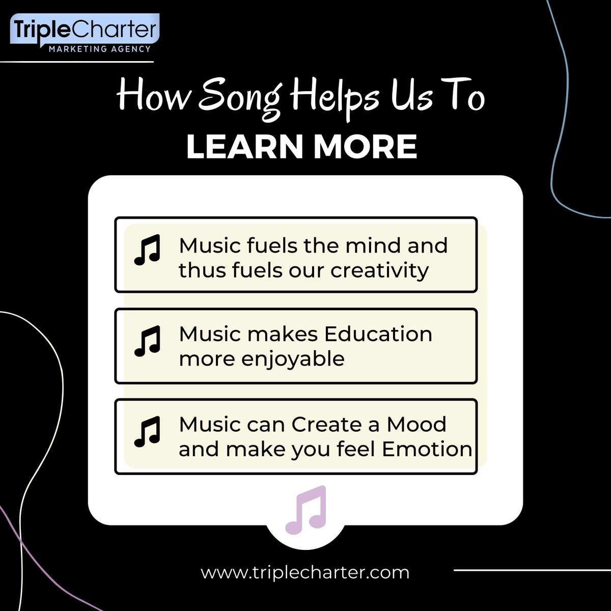 TripleCharter's tweet photo. Music can transform the emotions and feelings of the people within no time.
.
.
.
#music #benefitofmusic #emotion #musicbenefit #improvefocus #creativity #improvecreativity #education #enjoyableeducation #createmood #moodcreating #Angular #JavaScript #HTML #twitme https://t.co/CiD7E6Fpba