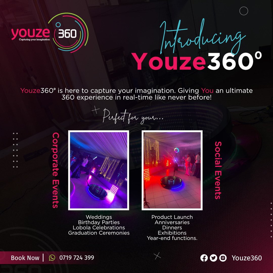 Introducing #youze360zw , The Best 360booth💫 In The Country, We Provide You With An Ultimate✨, Unique Experience 👌🏽like Never before. We Offer #360videobooth on the following but not limited to Functions #weddings #birthdayparty #anniversarycelebrations #lobolacelebration #etc