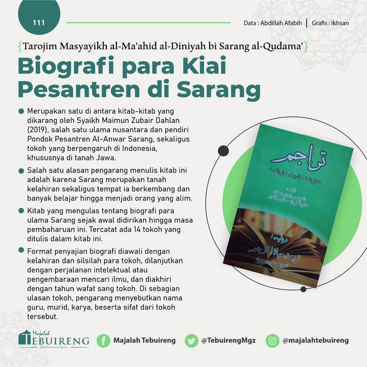 TebuirengMgz's tweet photo. Salah satu varian kitab biografi para kiai yang juga ditulis oleh seorang kiai untuk mengabadikan sekaligus mengambil teladan hikmah perjalanan hidupnya.
#ulasankitab #ulamanusantara #kiaimaimunzubair #tarajimmasyayikh #biografikiai #majalahtebuireng #infografis https://t.co/NXVmkREzCe