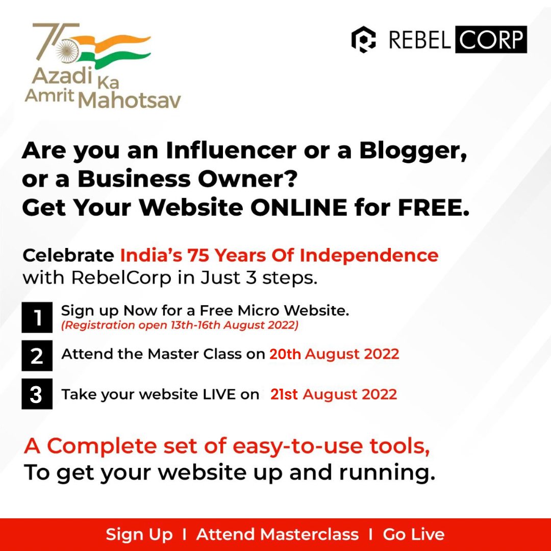 RebelCorp_'s tweet photo. You don't want to miss this chance to get a free website for your business. Enter today. 
Visit: https://t.co/qkdAcKcmCo

#independenceday #independencedayindia
#independencedayoffer #digitalindependence #website
#digitalindia #Rebelcorp #builtwithrebelcorp #PoweredbyRebelcorp https://t.co/lWphQzYm5r