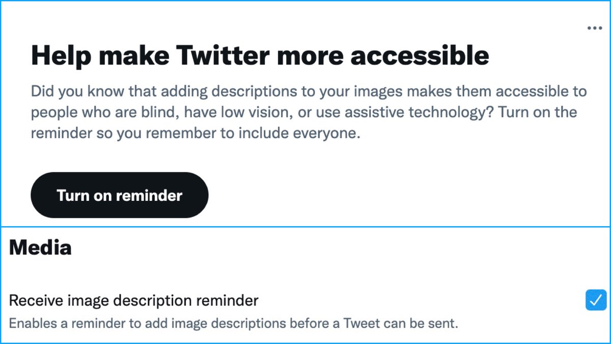 PerkinsVision's tweet image. Did you know that you can turn on reminders for adding #ImageDescriptions or #AltText to your tweets? Steps to turn on this #Accessibility feature:
1. Settings and Privacy
2. Accessibility, Display, and Languages
3. Accessibility
4. Check the box under the Media tab