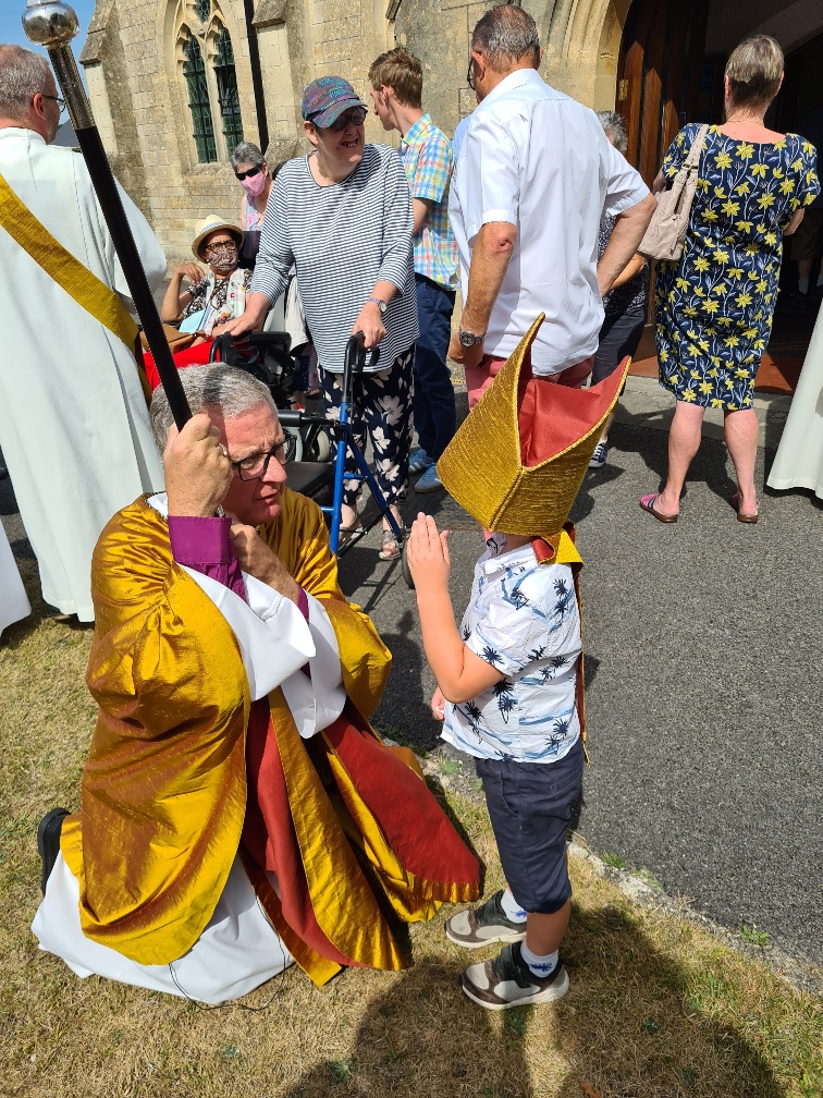 Wonderful to welcome <a href="/bishopsarum/">Stephen Lake</a> to West Moors for our Patronal Festival. My favourite picture, it looks like Preston is giving the Bishop a blessing!