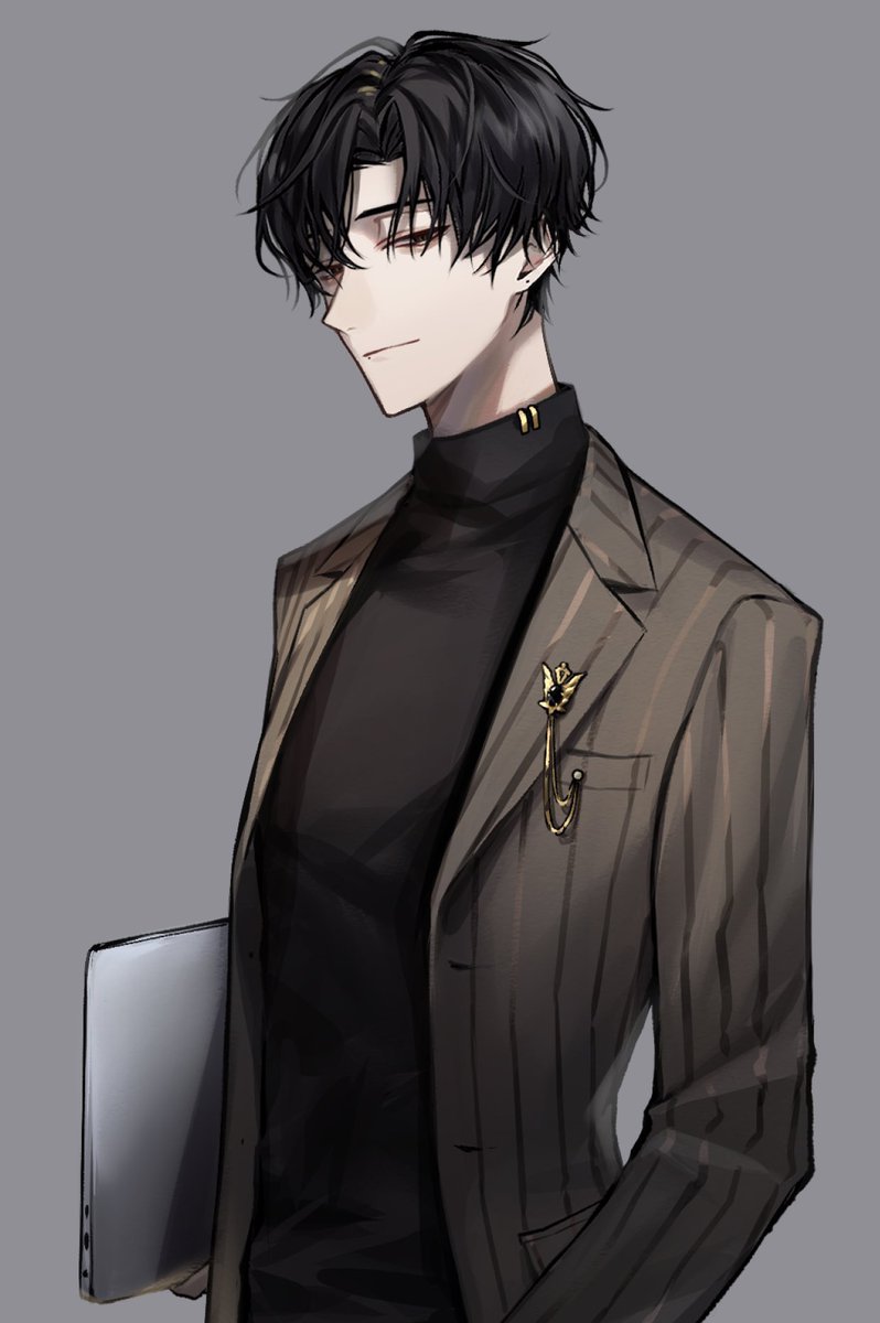 1boy male focus black hair solo jacket grey background simple background  illustration images