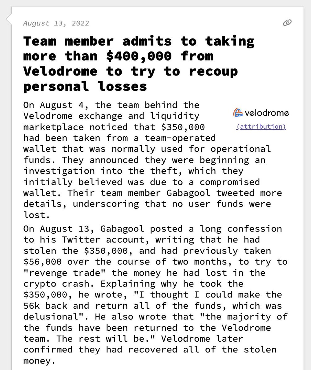 web3isgreat's tweet photo. Team member admits to taking more than $400,000 from Velodrome to try to recoup personal losses

August 13, 2022
https://t.co/bvdZLbilQ8 https://t.co/ntm9j9Ypol