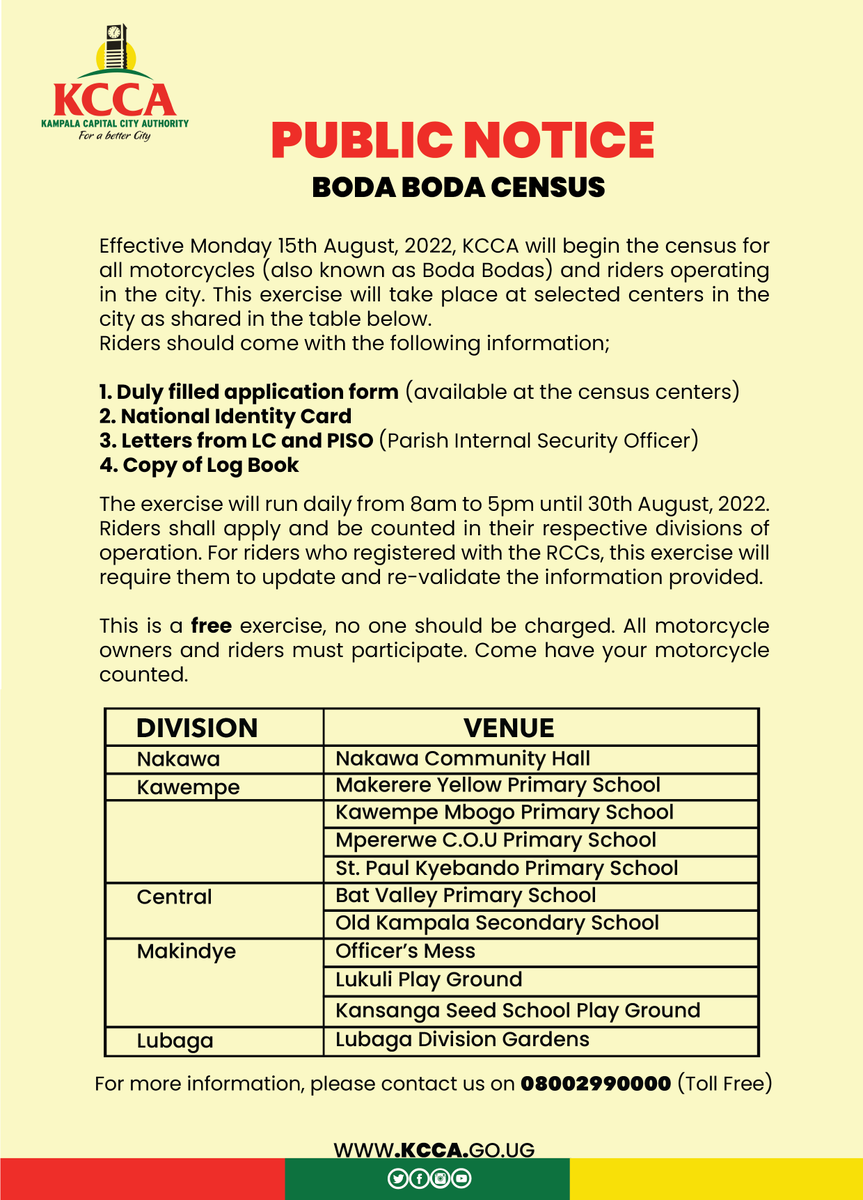 ntvuganda's tweet photo. Kampala Capital City Authority (KCCA) will start a census for motorcycles and riders who work within the city on Monday 15th August. The activity which will run till August 30th will be free of charge.

#NTVNews https://t.co/I2ERgeChIv