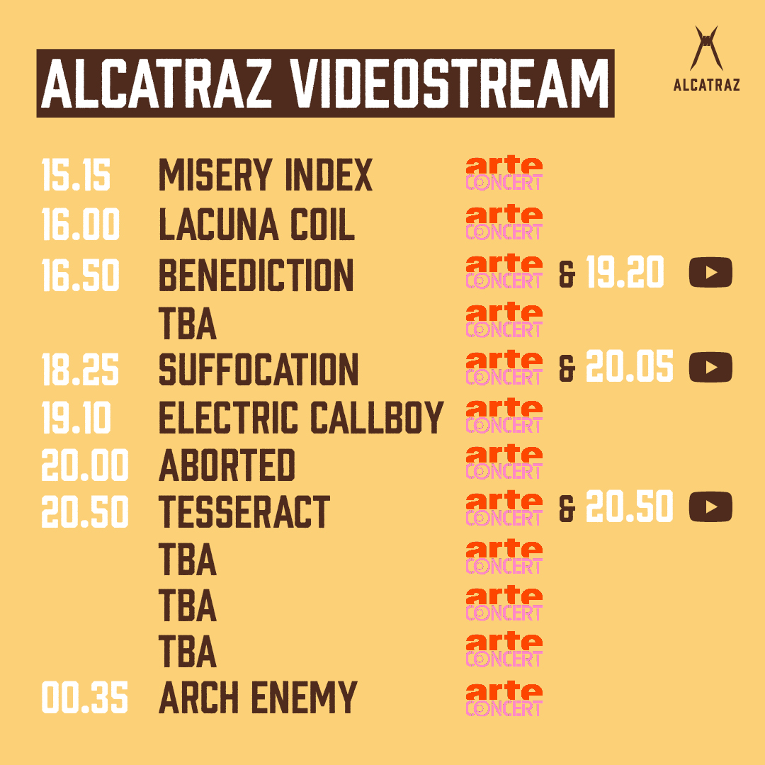 Today's videostream timetable is here! 📺🔥 
Watch your favourite bands perform, while comfortably at home. 
Connect, surf and mosh along! 🤘

Website Arte: arte.tv/alcatraz
Youtube: youtube.com/watch?app=desk…

#ALCATRAZ22 #arteconcert